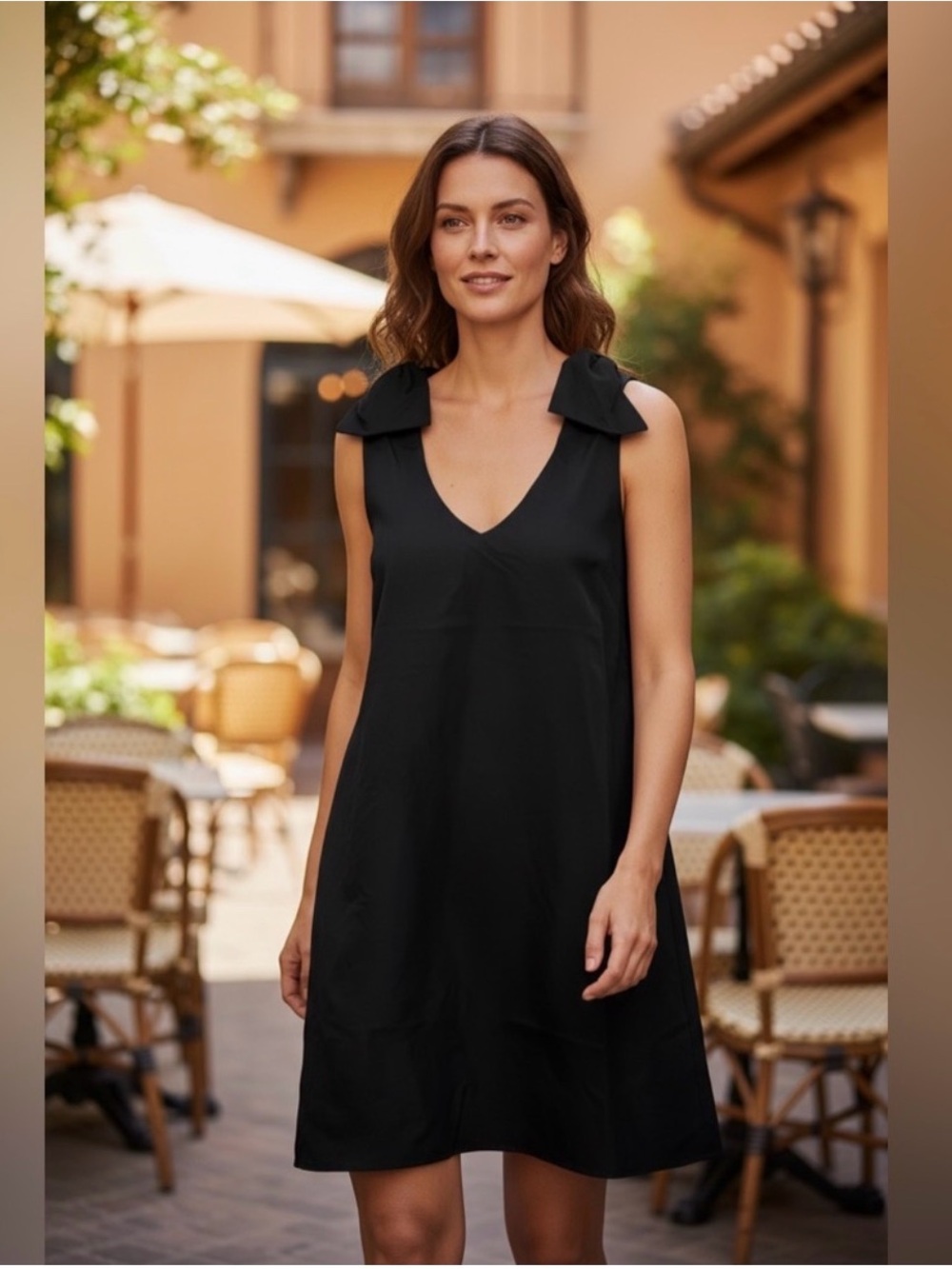 NWT - Aqua Black Bow-Shoulder V-Neck Sleeveless Dress - size L